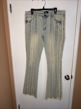 Frayed Vertical-Stripe Light Blue Flare Jeans